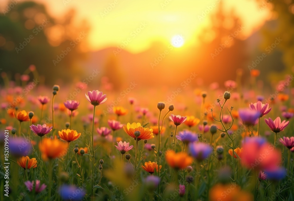 vibrant wildflower meadow under sunset light colorful blossoms golden sky, petal, field, orange, yellow, purple, red, bloom, green, nature, landscape, flora vibrant wildflower meadow under sunset light colorful blossoms golden sky, petal, field, orange, yellow, purple, red, bloom, green, nature, landscape, flora