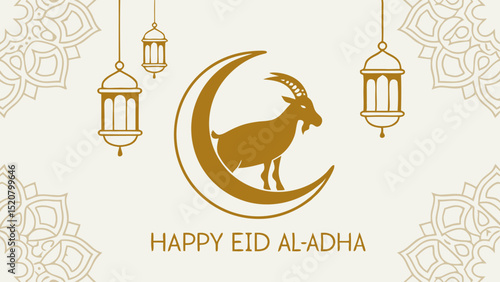 Eid al-Adha Celebration Golden Goat on Crescent Moon with Lanterns