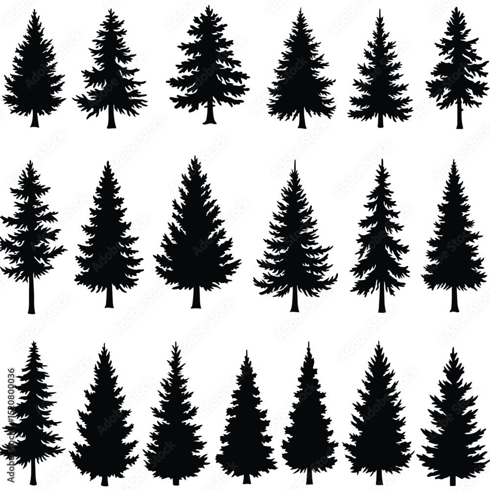 Pine Tree Silhouette Vector Set Featuring Natural Forest Elements. Pine Tree Silhouette Vector Set Featuring Natural Forest Elements.