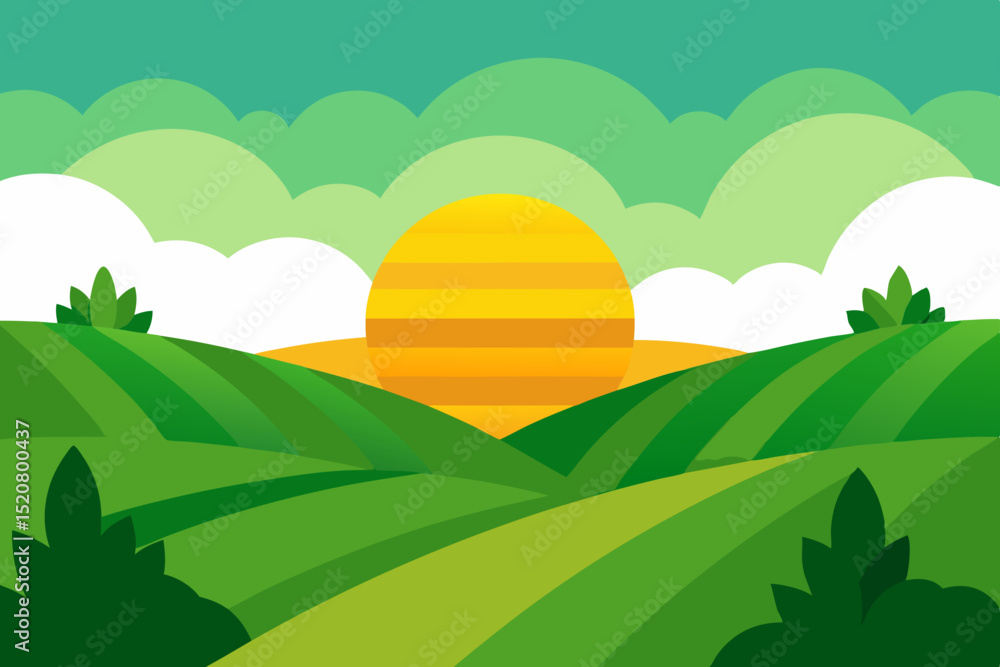 Obraz premium sunrise landscape with lush green fields vector