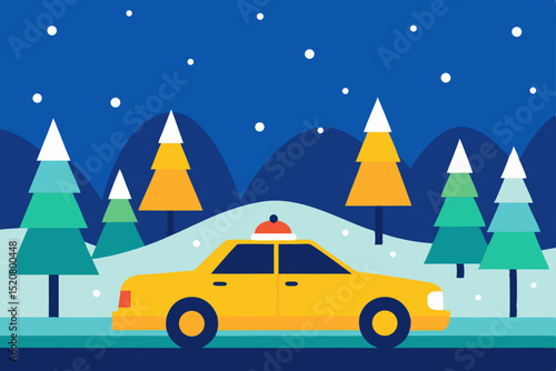 taxi driving through snowy avenue past holiday 