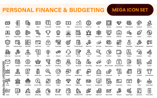 Personal Finance and Budgeting Icons – Modern Minimalist Line Art Vector Illustrations for Budget Planning, Saving, Money Management, and Financial Tools