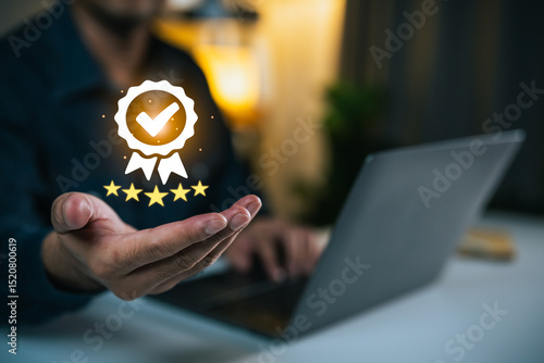 Bild auf Leinwand Person Holding Award Icon with Laptop in Background, Symbolizing Achievement, Su