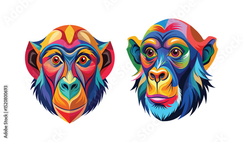 Two colorful monkey heads in abstract style