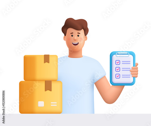 Young smiling man James with cardboard package box and holding clipboard with checklist. Safe delivery of goods concept. 3d vector people character. Cartoon minimal style.