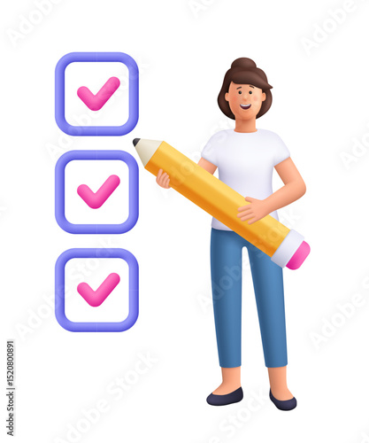 Young smiling woman Jane and doing checklist with pencil. Deadline, planning and organization of work project, business tasks concept. 3d vector people character. Cartoon minimal style.