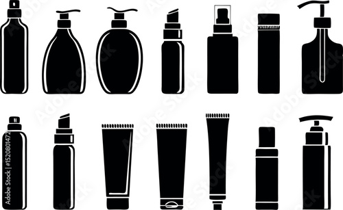 Set of silhouetted cosmetic and skincare bottles and tubes illustration