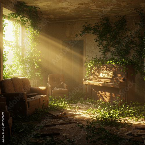 Sunbeams Illuminate Abandoned Piano in Overgrown Room: A Post-Apocalyptic Scene isolated on white  background