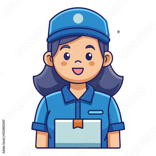 Cartoon Delivery Woman Holding Package in Blue Uniform Ready to Deliver Fast