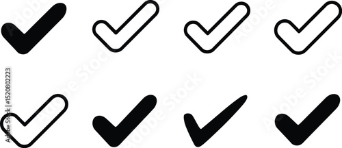 A collection of eight check mark icons in both filled and outlined styles on a white background plane
