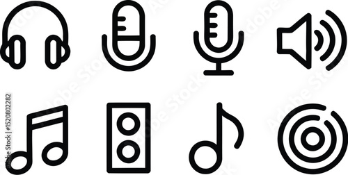 A set of eight simple black line icons related to music and audio on a light gray background space