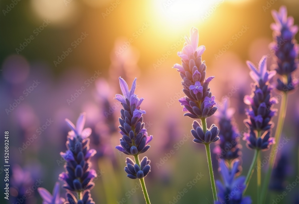 Fototapeta premium close lavender flowers glowing sunlight floral blossom nature beauty aromatic garden serenity, bloom, purple, petal, botanical, herb, field, texture