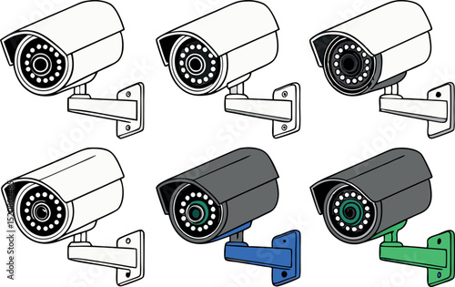 Set of surveillance cameras in various colors on white background vector illustration