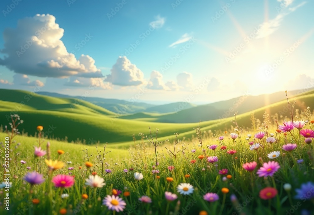 Fototapeta premium vibrant wildflowers rolling green hills blooming landscape nature spectrum botanical, field, spring, color, garden, meadow, plant, bright, petal, flora