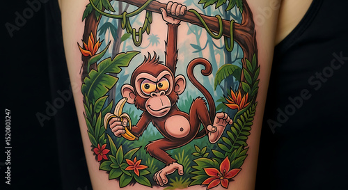 Cartoon monkey tattoo holding a banana by a palm tree.