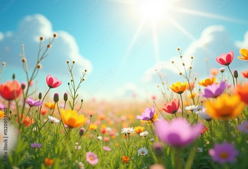 Obraz premium vibrant wildflowers sunny meadow bloom colorful nature scenic beauty flora landscape, petal, scene, spring, park, grass, field, vibrancy, blossom, pollen