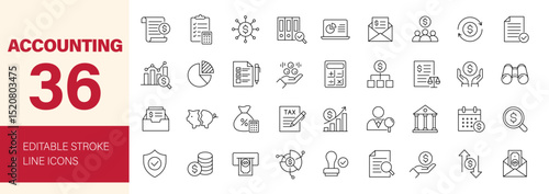 Accounting icon set. Containing financial statement, taxes, accountant, financial audit, invoice, income, business, report and more. Editable line icons. Vector illustration.