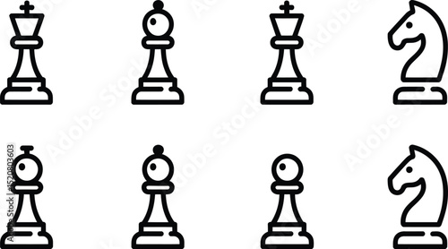 A set of simple line art icons depicting chess pieces including king queen bishop knight and pawn on white