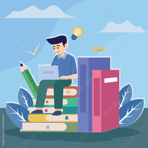 man sit on books while surfing internet with a laptop vector illustration template graphic design . knowledge online learning by internet education concept with background in flat style