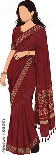 Elegant Indian Woman in Maroon Saree with Gold Embroidery and Traditional Jewelry