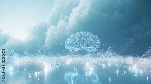 Digital brain concept over a landscape of luminous points.