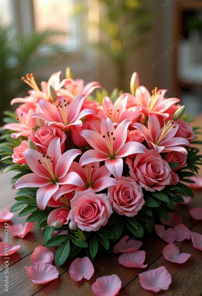 Fototapeta premium heart shaped floral arrangement vibrant pink lilies rose petals greenery wedding decoration expressive love gift, flower, bouquet, nature, blooming, beauty