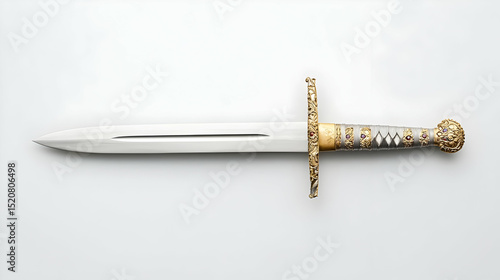 Ornate Medieval Sword With Gold Hilt On White Background