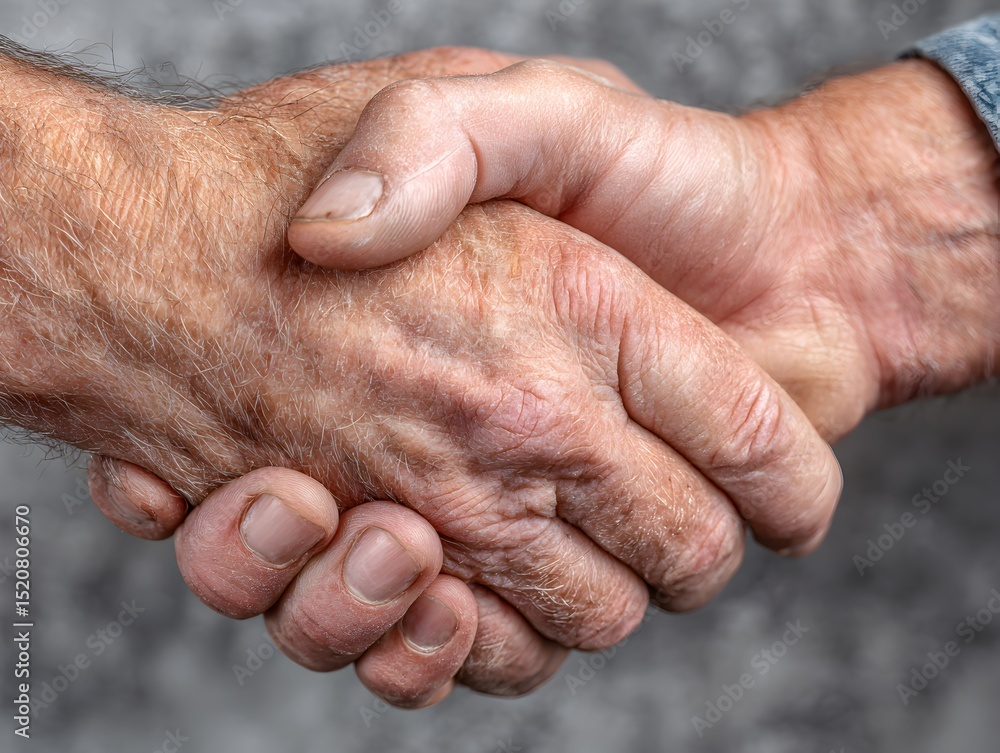 Fototapeta premium Two weathered hands clasped in a firm handshake symbolizing partnership trust and collaboration agreement.