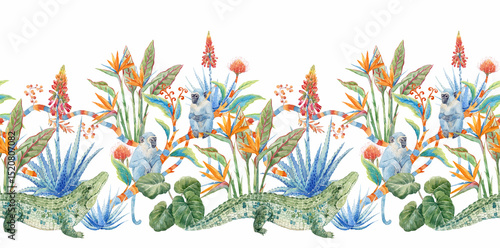 Horizontal Seamless watercolor pattern of tropical plants and monkeys, flowers, aloe, wild exotic blooms, and whimsical jungle vines. Perfect for wallpaper, textiles, and botanical-themed decor