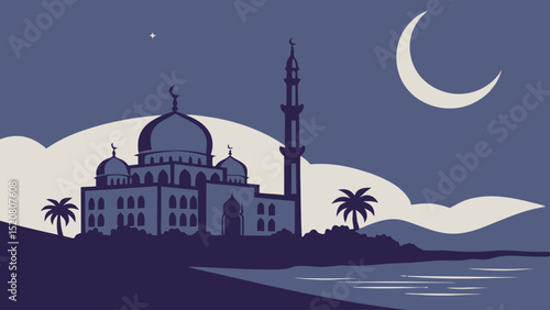 Serene Night at the Mosque An Islamic Architectural Illustration