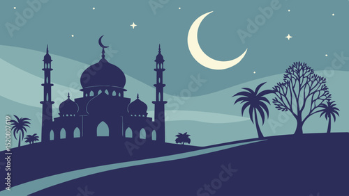 Serene Night Scene Mosque Silhouette Under Crescent Moon and Stars