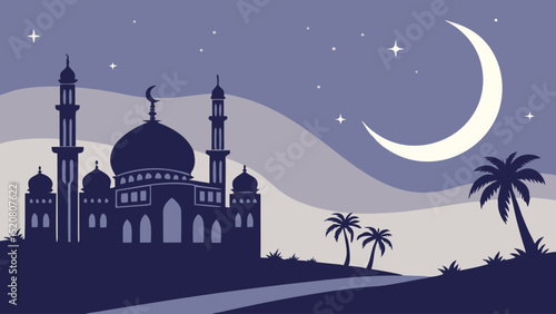 Night Scene of Mosque Silhouette Under Crescent Moon and Stars