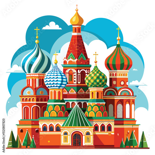 Colorful St. Basil's Cathedral Illustration with Blue Skies and Stylized Clouds Artwork