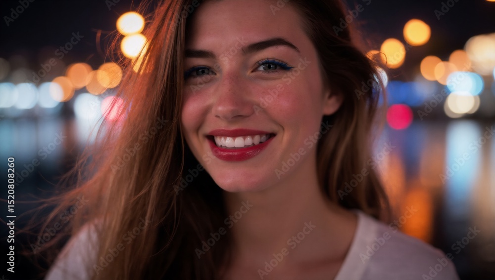 Happy young woman smiling at night with city lights bokeh Happy young woman smiling at night with city lights bokeh