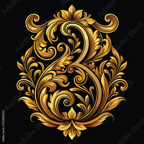 Golden Floral Number Three Illustration on Black Background, Ornate Decorative Design