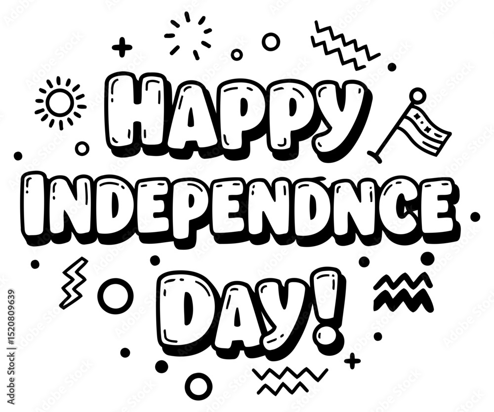 Fototapeta premium Happy Independence Day graphic design with playful typography and American themed elements. Bold text with whimsical design elements on a plain background.
