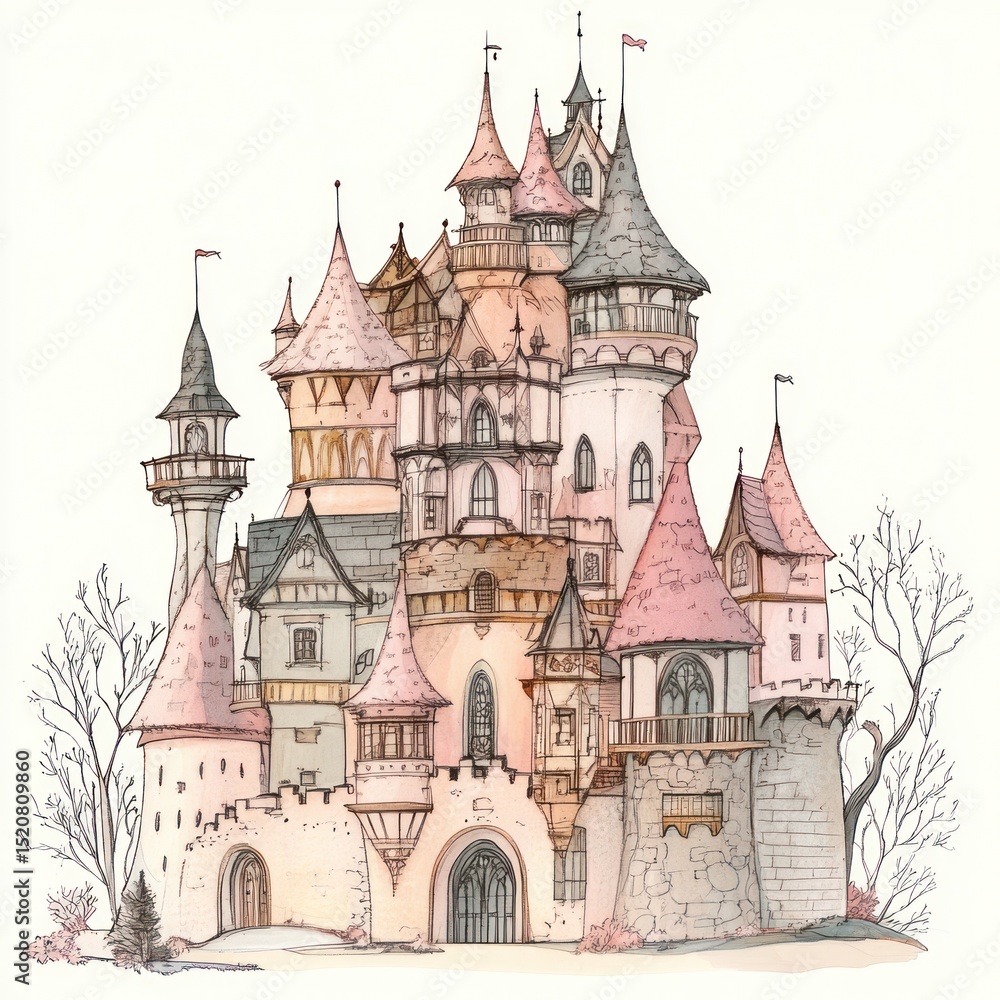 Fototapeta premium A Fairytale Castle in Soft Hues, Watercolor Illustration