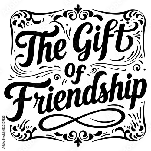 The Gift of Friendship inspirational graphic design. Motivational quote with decorative frame in a bold. classic script font.