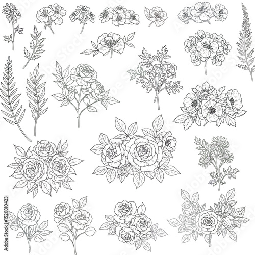 Seamless Monochrome Floral Pattern. Hand Drawn Floral Texture, Decorative Flowers, Coloring Book.