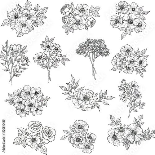 Seamless Monochrome Floral Pattern. Hand Drawn Floral Texture, Decorative Flowers, Coloring Book.