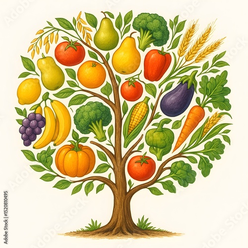 Tree Made of Fruits and Grains Representing Sustainable Eating. Generative AI