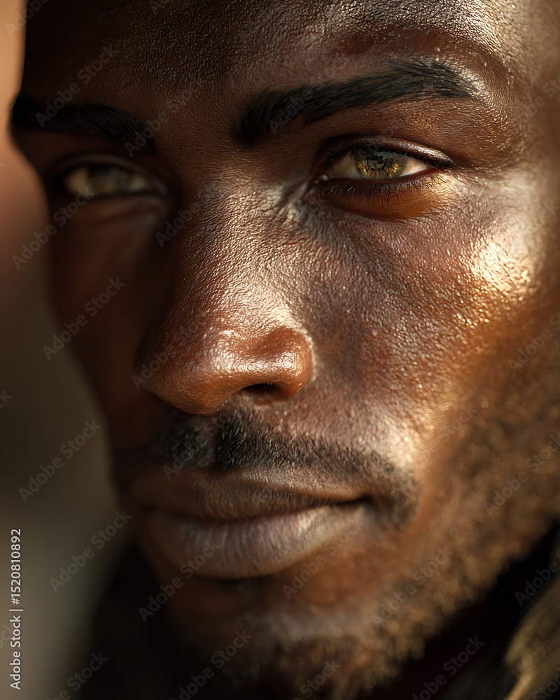 Obraz premium Dark-skinned man’s eyebrows with a thick natural shape. No grooming or makeup.