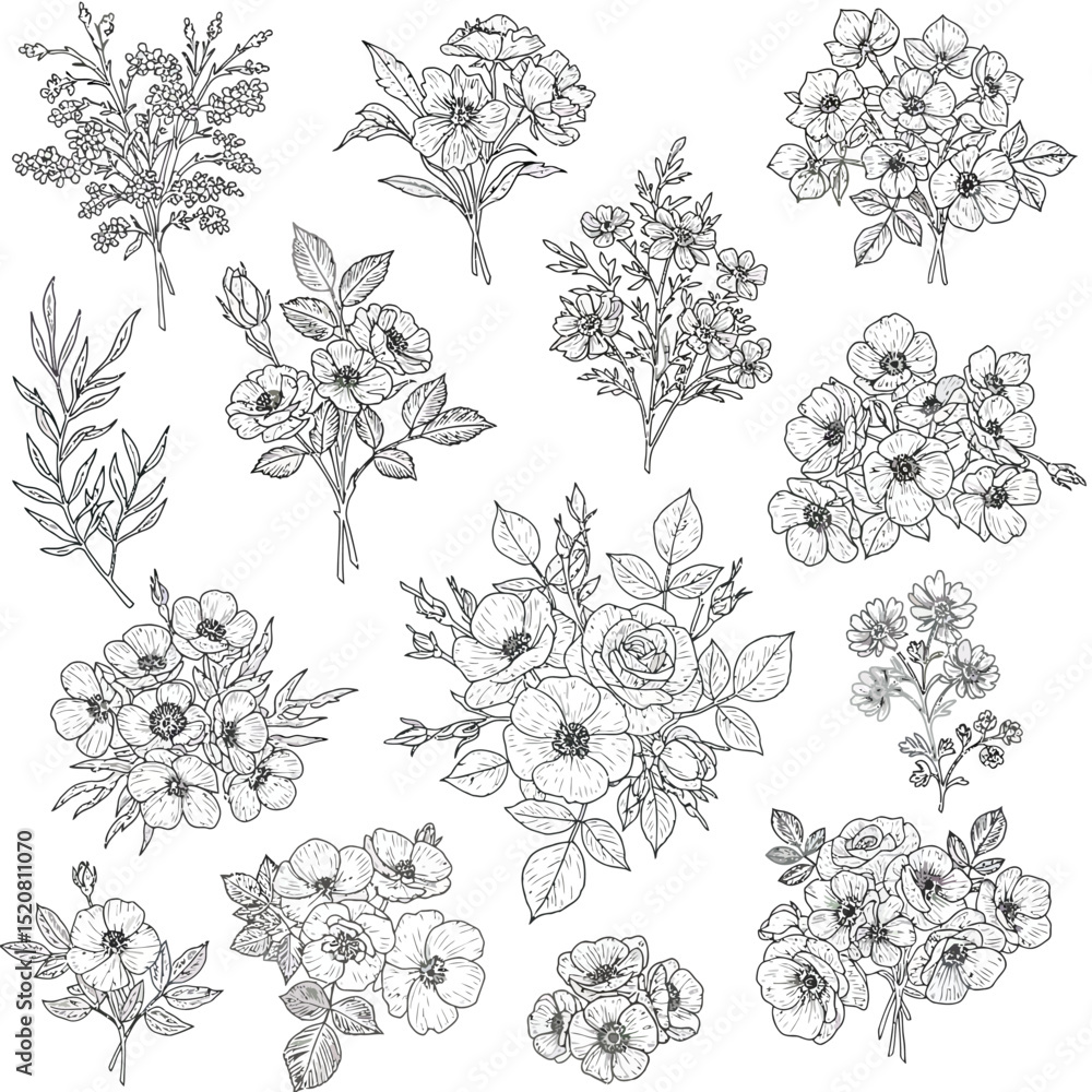 Fototapeta premium Seamless Monochrome Floral Pattern. Hand Drawn Floral Texture, Decorative Flowers, Coloring Book.