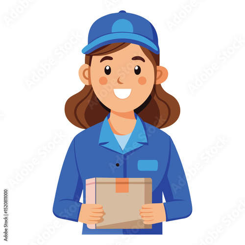 Smiling Delivery Woman in Blue Uniform Holding Cardboard Box for Shipping