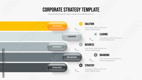 Digital Introduction 5 Option Diagram Slide Design. Investor Campaign Frame Template Vector Illustration. Financial Visualization Five Step Infographic Slideshow Layout.