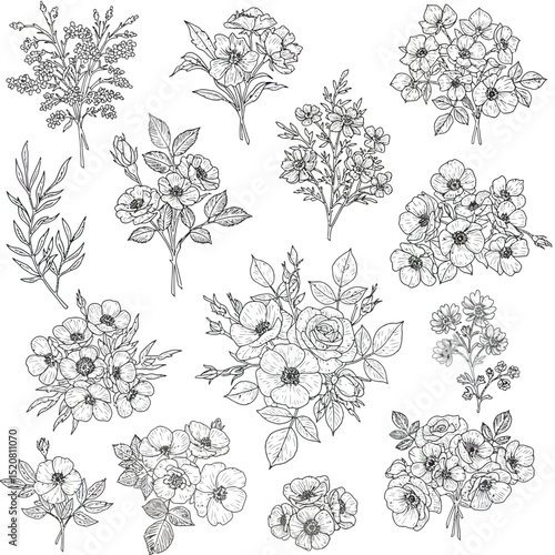 Seamless Monochrome Floral Pattern. Hand Drawn Floral Texture, Decorative Flowers, Coloring Book.