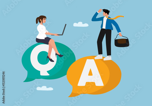 Business People Communication in Question and Answer Concept with Speech Bubbles and Laptop for Support, Discussion, and Online Consultation in Flat Vector Illustration