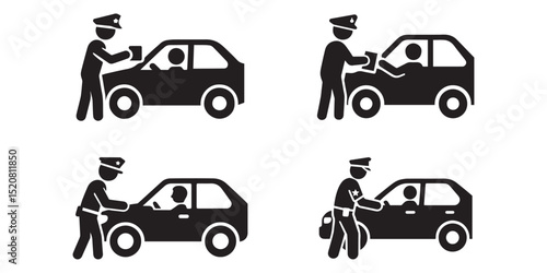 A police officer interacts with a driver at the side of a sedan vehicle design vector icon style