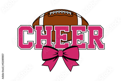 Cheer Text with Football and Pink Bow, Bold pink “CHEER” text in varsity style with a football above and large bow below, representing cheerleading and school spirit.

