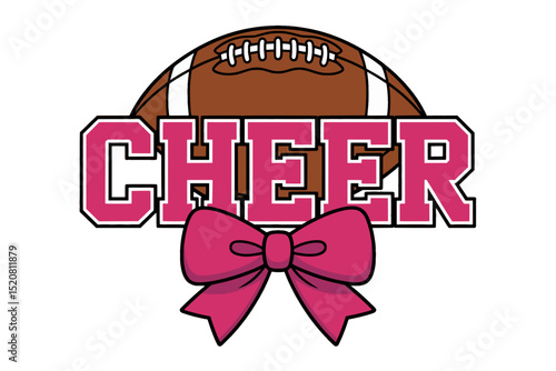 Cheer Text with Football and Pink Bow, Bold pink “CHEER” text in varsity style with a football above and large bow below, representing cheerleading and school spirit.

